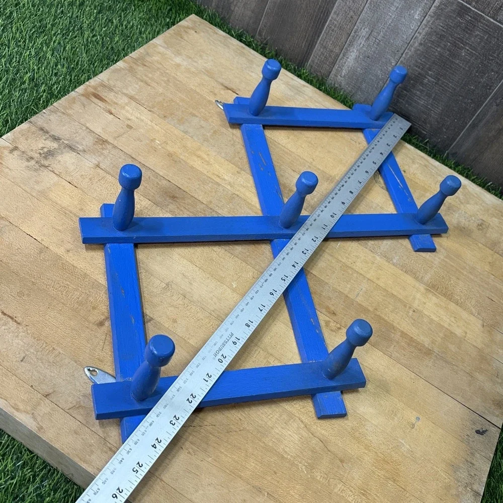 Vintage Blue Wooden Accordion Wall Rack Expandable Peg Coat Hat Decor Rustic